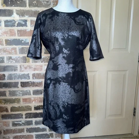 Catherine Malandrino Black Silver Reptile Sheath Dress Back Silver Zipper Sz M - Picture 9 of 10